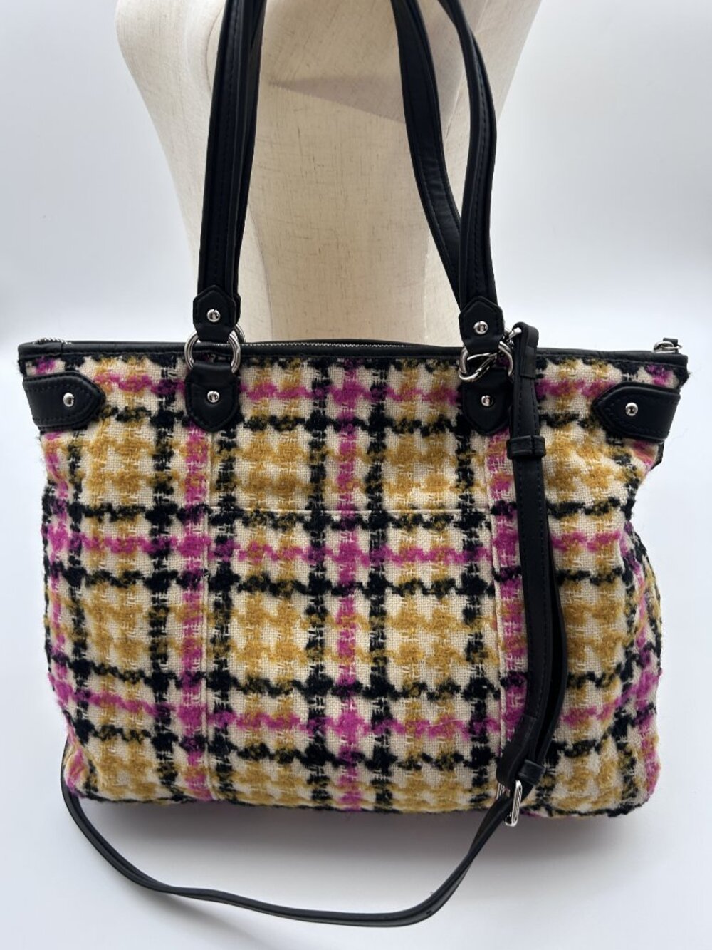 Coach Ashley Plaid Wool Carryall Satchel Bag Pink Yellow Houndstooth 14845 - Picture 6 of 13